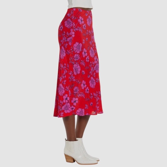 Band Of Gypsies Menton Floral Red Pink Slip Midi Skirt - Picture 1 of 14